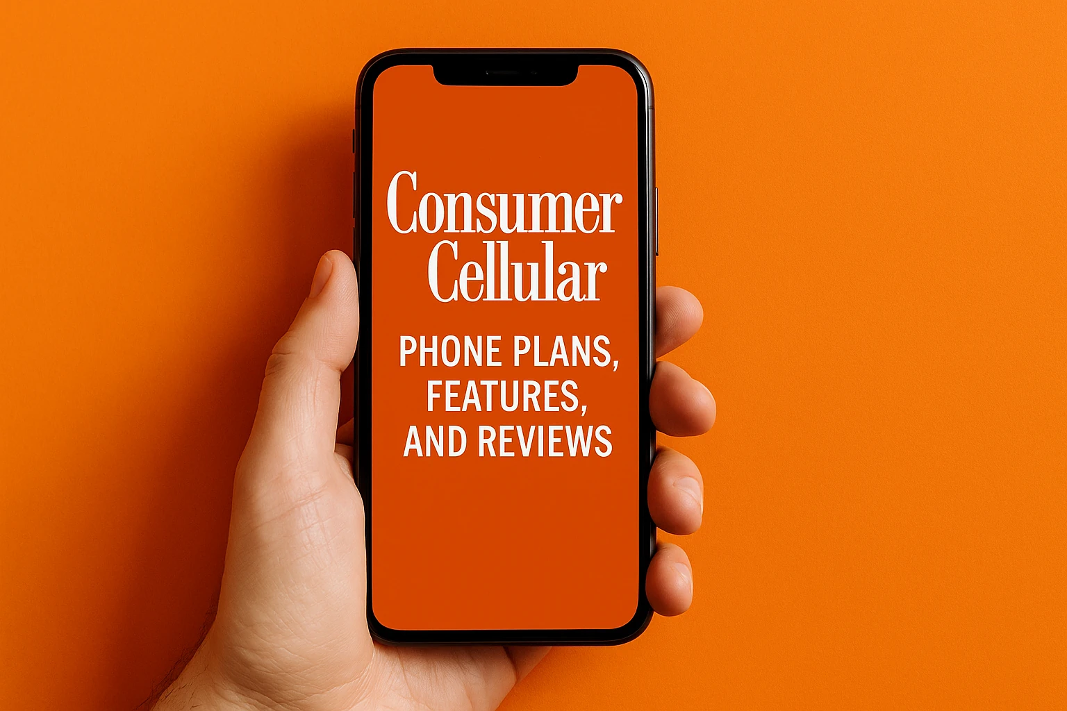 Hand holding a smartphone with a visible homescreen, set against a background in Consumer Cellular’s signature orange color, with overlaid text reading “Consumer Cellular Phone Plans, Features, and Reviews"