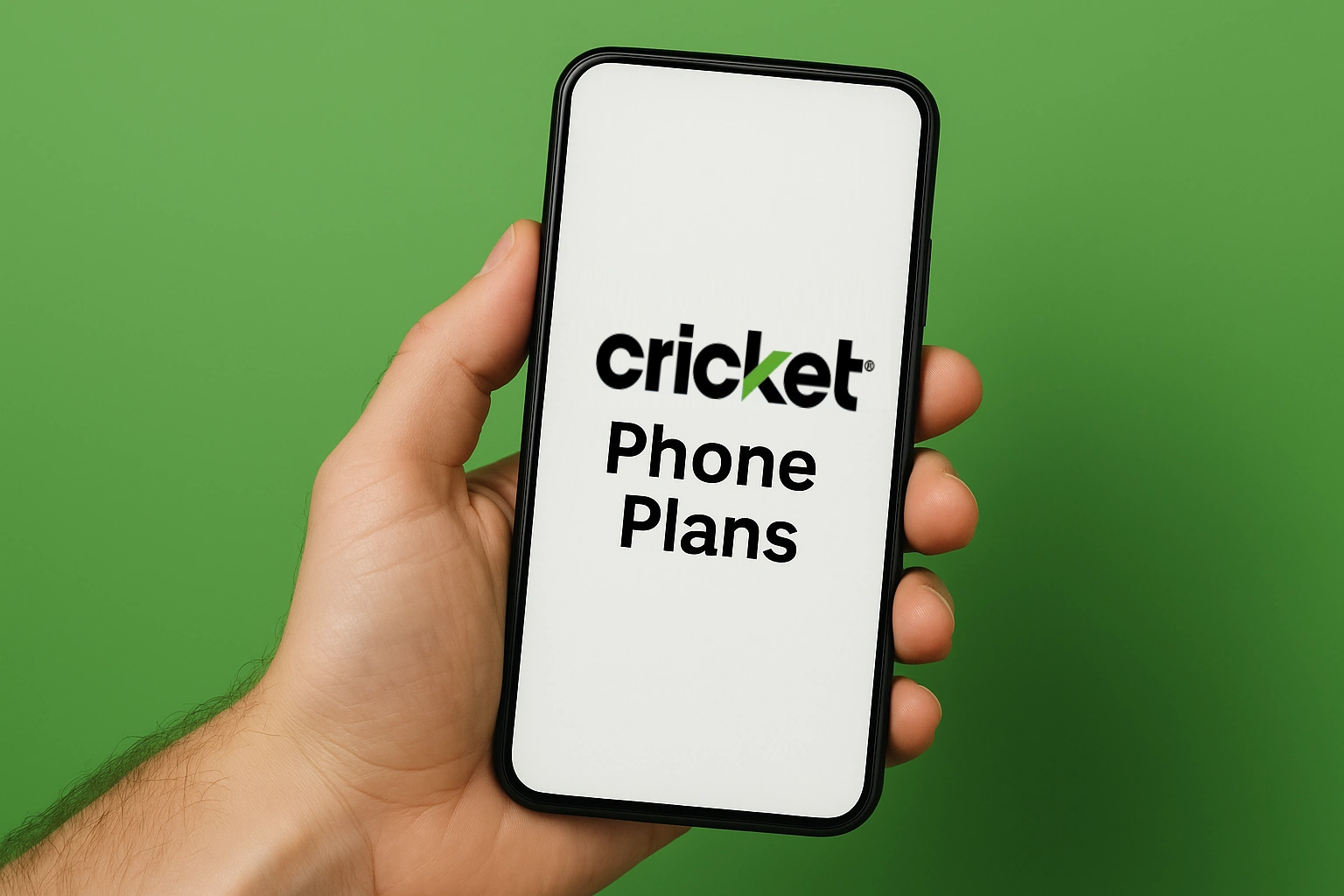 A realistic close-up photo of a hand holding a smartphone displaying the Cricket Wireless logo and the words 'Phone Plans' on the screen, set against a solid green background.