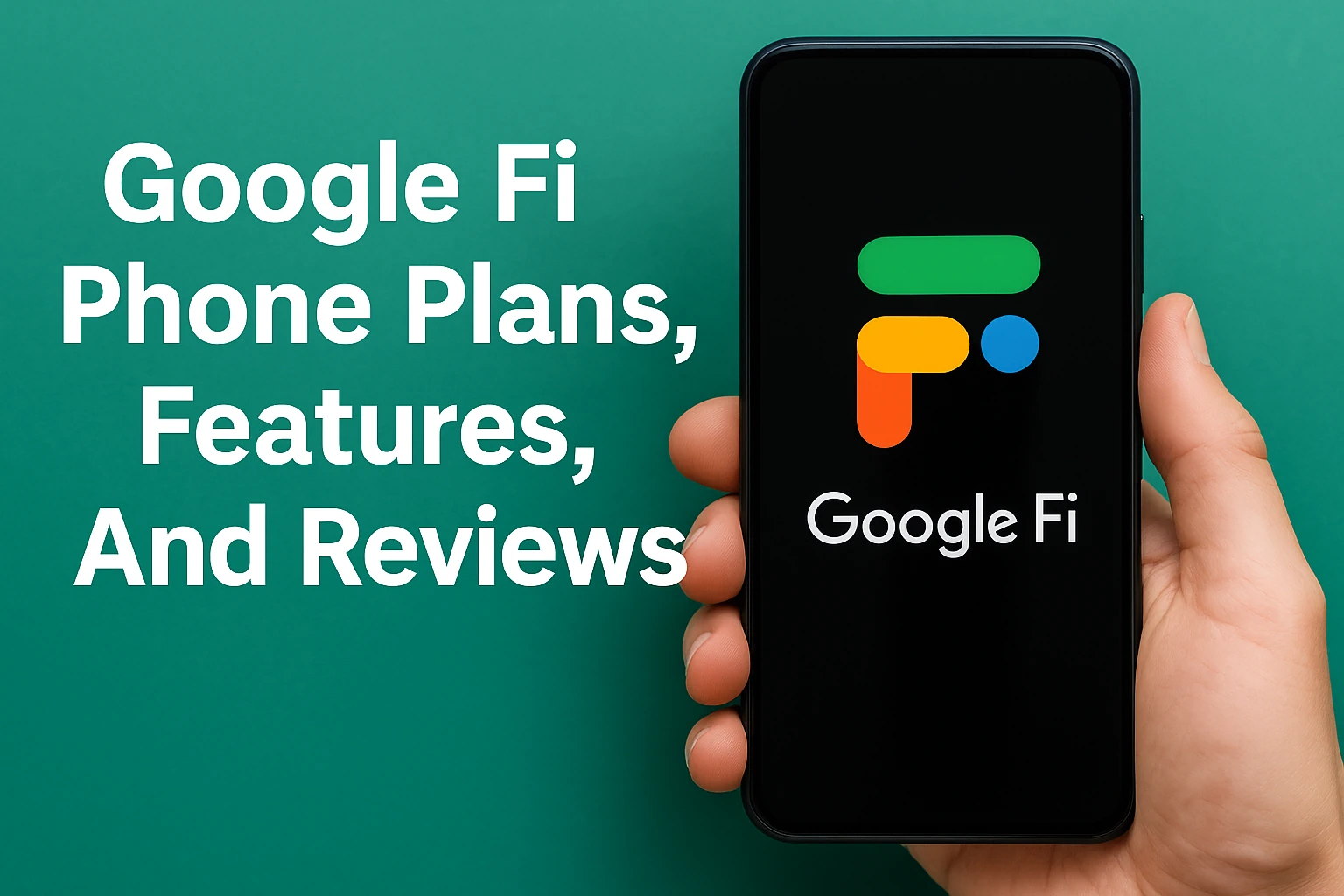 A realistic hand holding a modern smartphone displaying the Google Fi logo, with a clean background in Google Fi brand colors