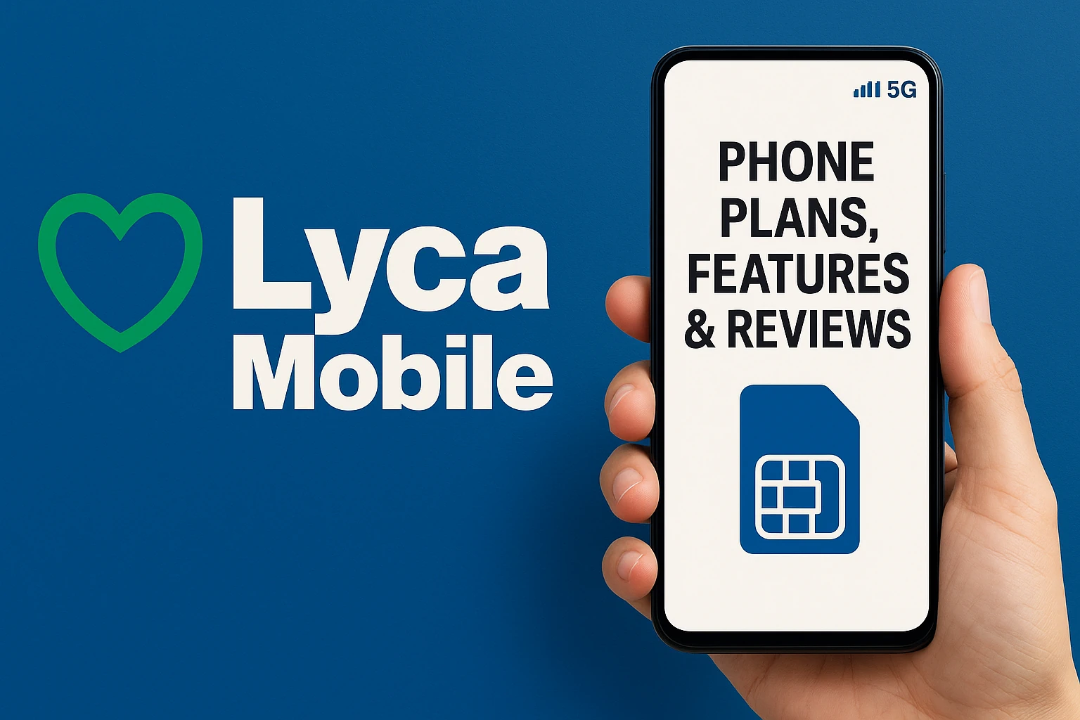 Lyca Mobile promotional banner featuring the Lyca Mobile logo with a green heart on a blue background, and a realistic hand holding a smartphone displaying 'Phone Plans, Features & Reviews' and a SIM card icon