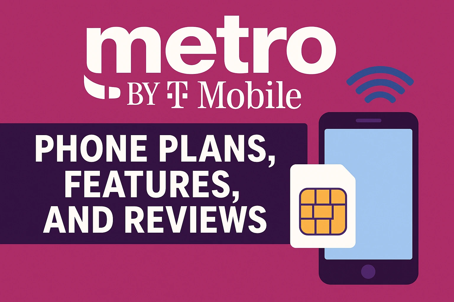 Metro by T-Mobile promotional banner showing the company logo, a smartphone, a SIM card, and the text 'Phone Plans, Features, and Reviews' on a magenta background