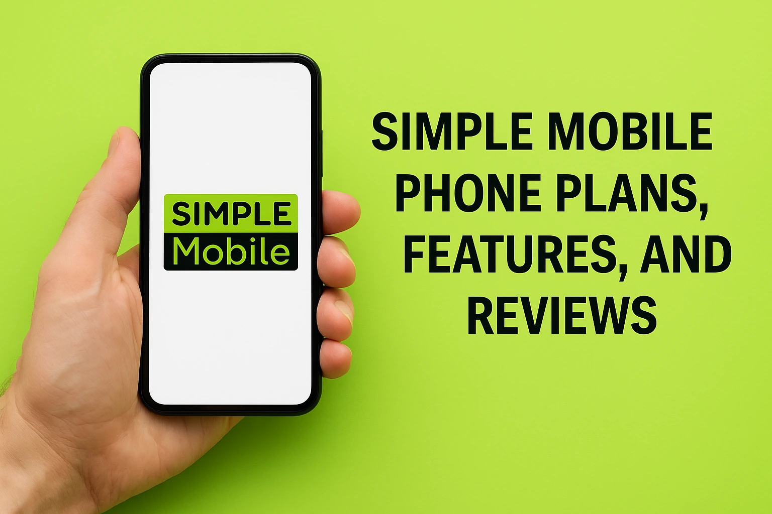 A promotional image showing a real hand holding a smartphone with the Simple Mobile logo on screen, set against a lime green background with the text 'Simple Mobile Phone Plans, Features, and Reviews
