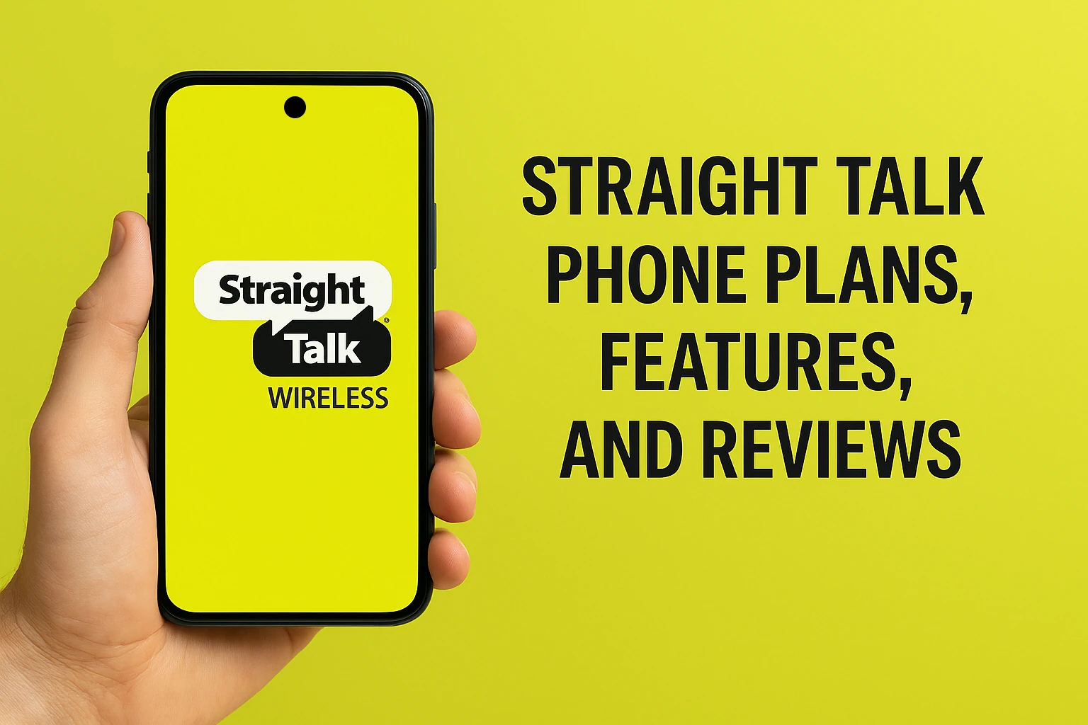 A promotional image for Straight Talk Wireless showing a real hand holding a smartphone, with the screen displaying the Straight Talk logo and branding in a bright green color scheme