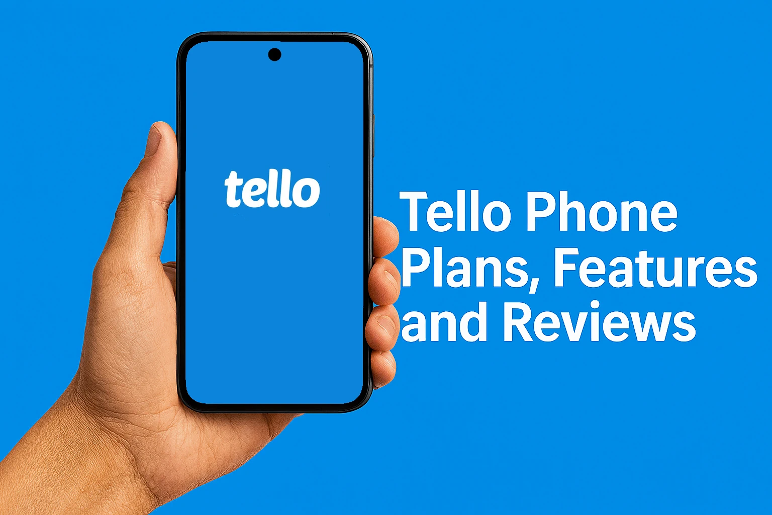 A high-resolution digital photograph with a bright blue background, showing a Caucasian adult hand holding a smartphone displaying the Tello logo, with the words “Tello Phone Plans, Features and Reviews” in bold white letters to the right of the hand